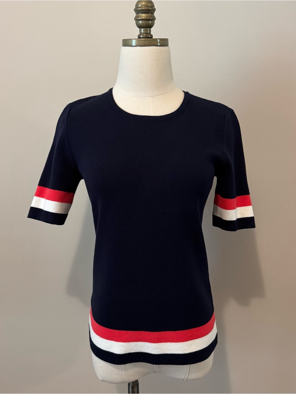 CAbi Navy Short-Sleeve Crewneck Top with Red & White Stripe Accents
